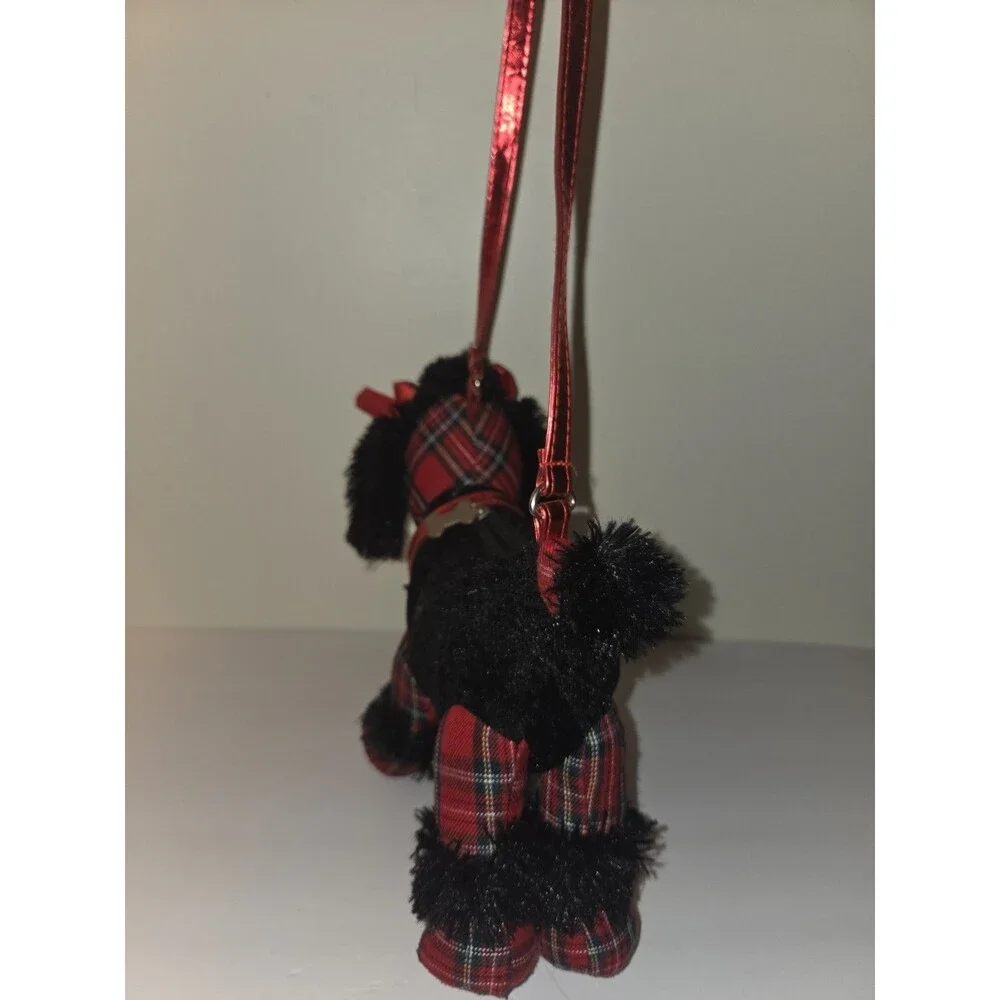 Poochie & Co Novelty Black Plush Poodle Purse Red Plaid Dog Shoulder Bag 13